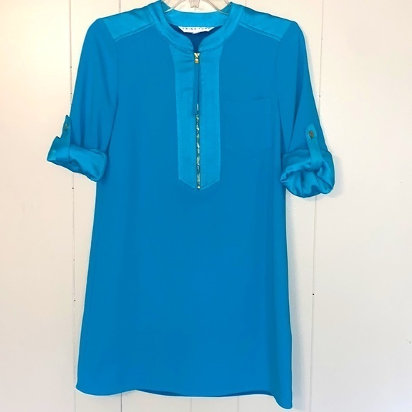 Trina Turk Tunic Dress‎ XS Blue 1/4 Zip Career Professional Church Wedding - Picture 1 of 9